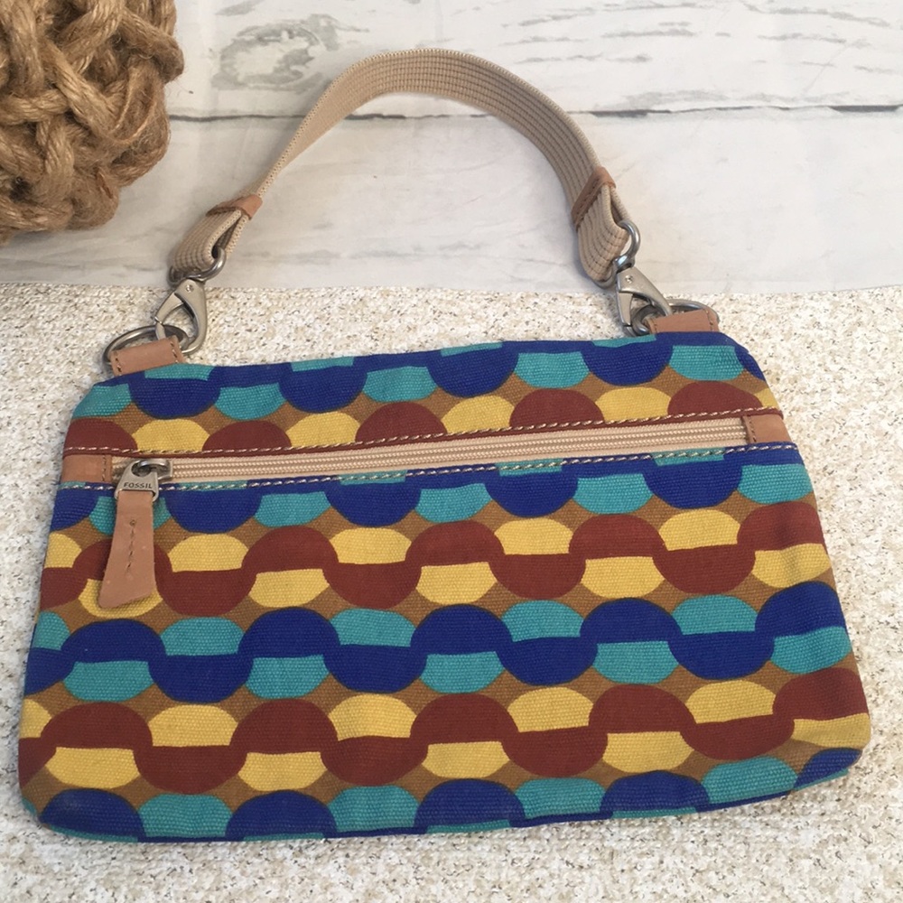 Fossil Tan Blue Yellow Brown Geometric Circle Wristlet Clutch Polka Dot